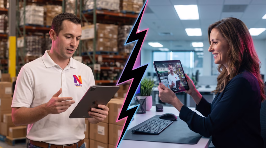 Nobility Wireless sales rep and procurement officer split screen — wholesale tablet for business quote to purchase order in one call