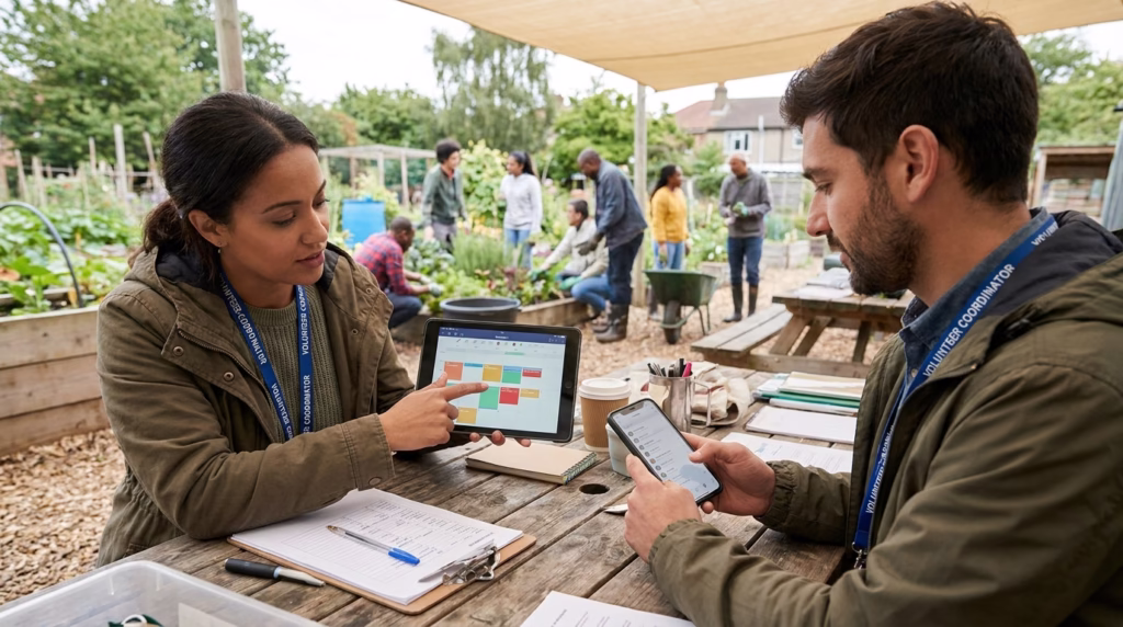 Non-profit volunteers and coordinators using mobile devices for schedule management and communication