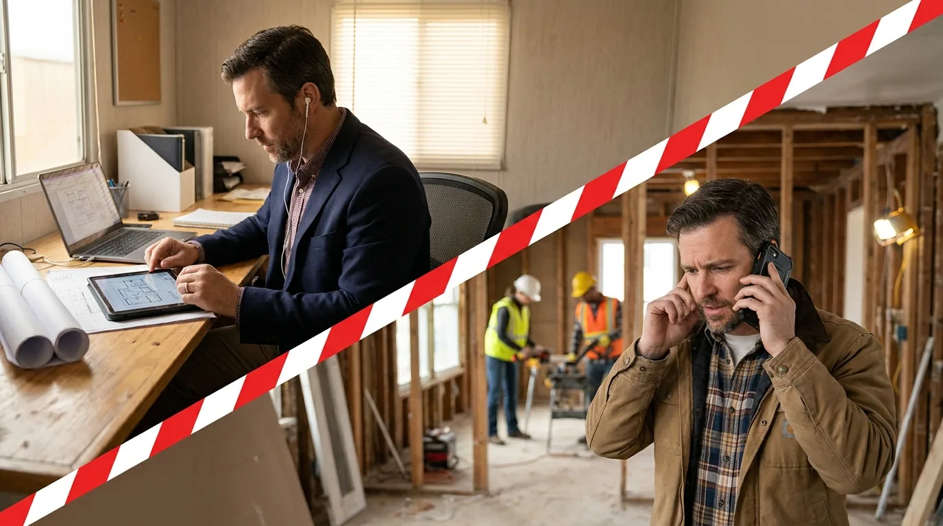 Split view of a manager reviewing office plans and managing field updates using rugged phones for construction companies