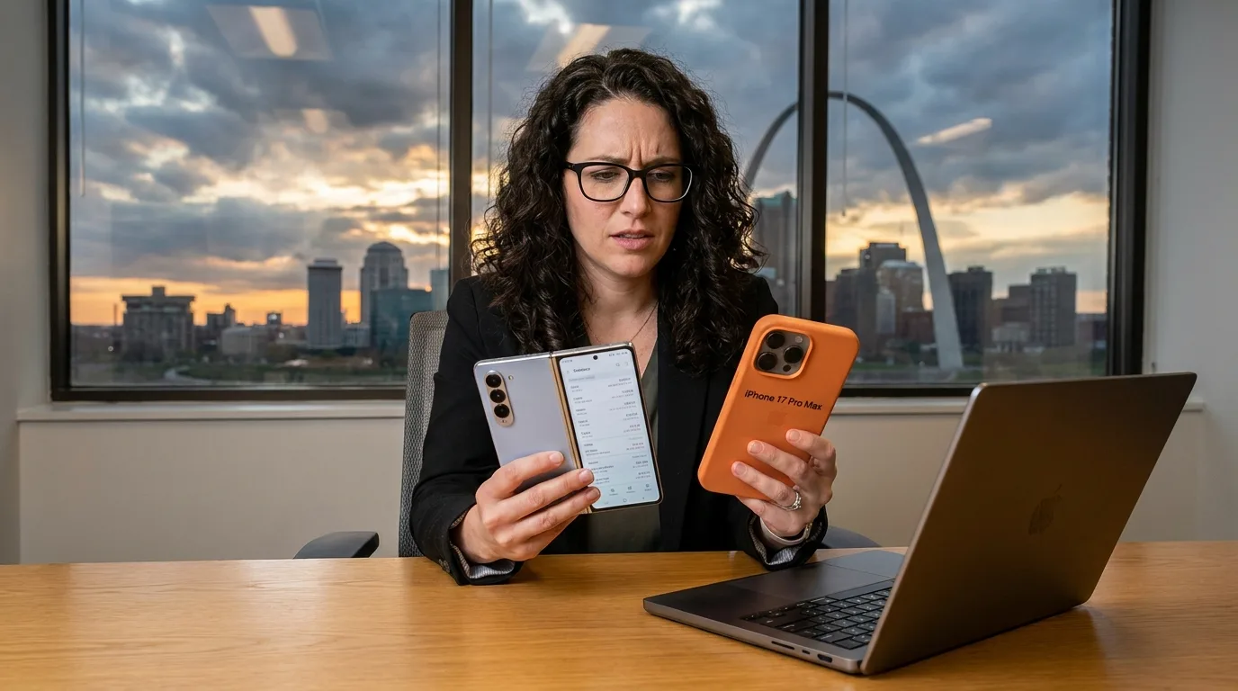 IT manager comparing Samsung Galaxy and iPhone side by side for enterprise MDM deployment decision