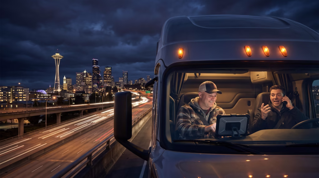 Two logistics fleet drivers using a tablet and phone in a delivery truck cab at night — wholesale phones for logistics companies from Nobility Wireless