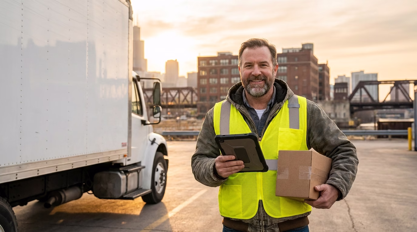 Delivery driver handling a wholesale phone shipment at a logistics loading dock