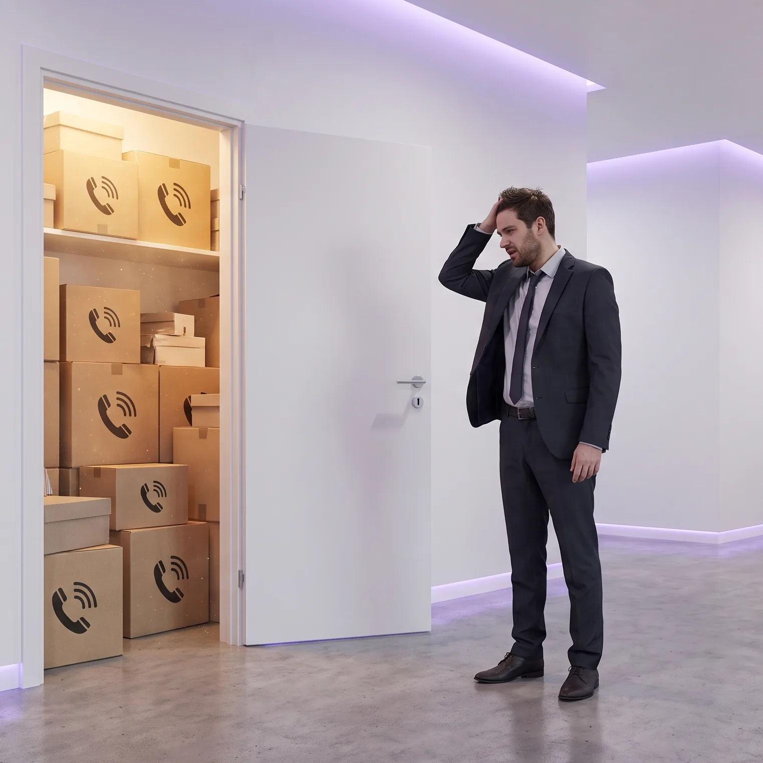 Stressed businessman looking into an office closet filled with cardboard boxes of phone systems, illustrating the need to sell phones in bulk.